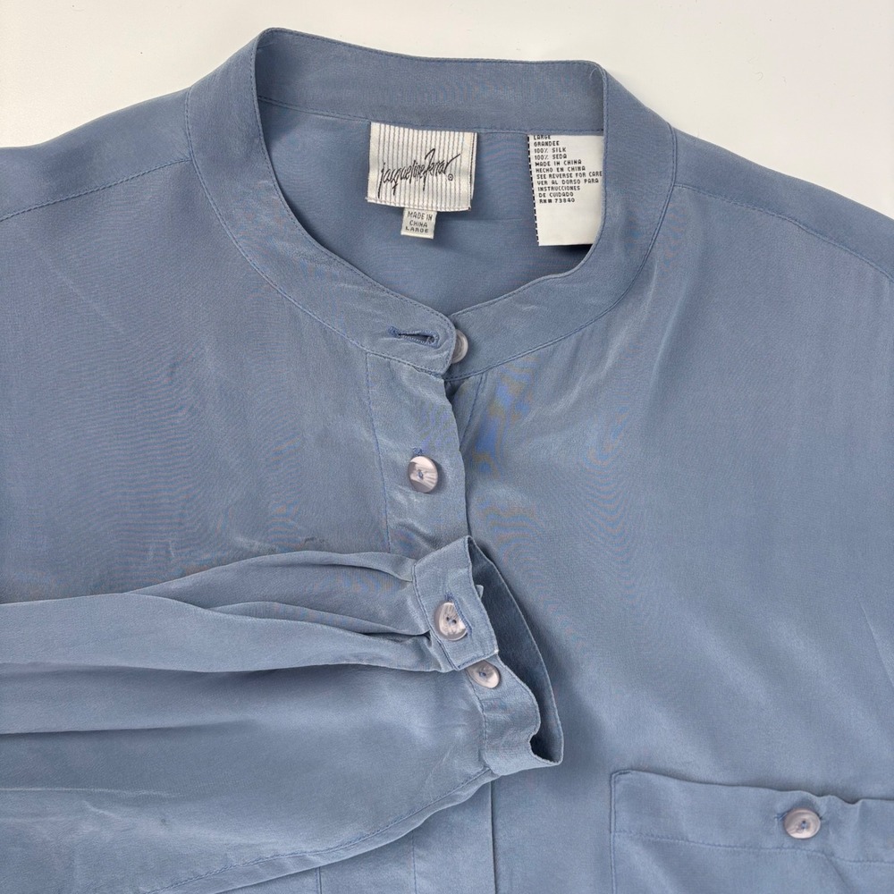 Vtg Jacqueline Ferrar Womens 100% Silk Button Dn Blouse Blue Mandarin Collar Lg